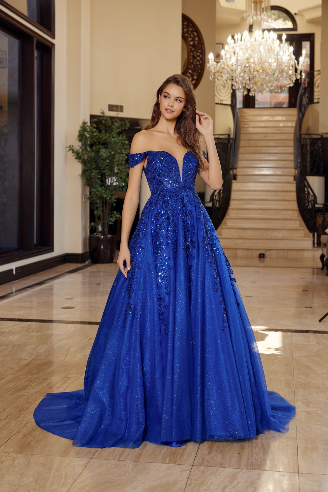 Nox Anabel H1881 prom dress with plunging v neckline and court train