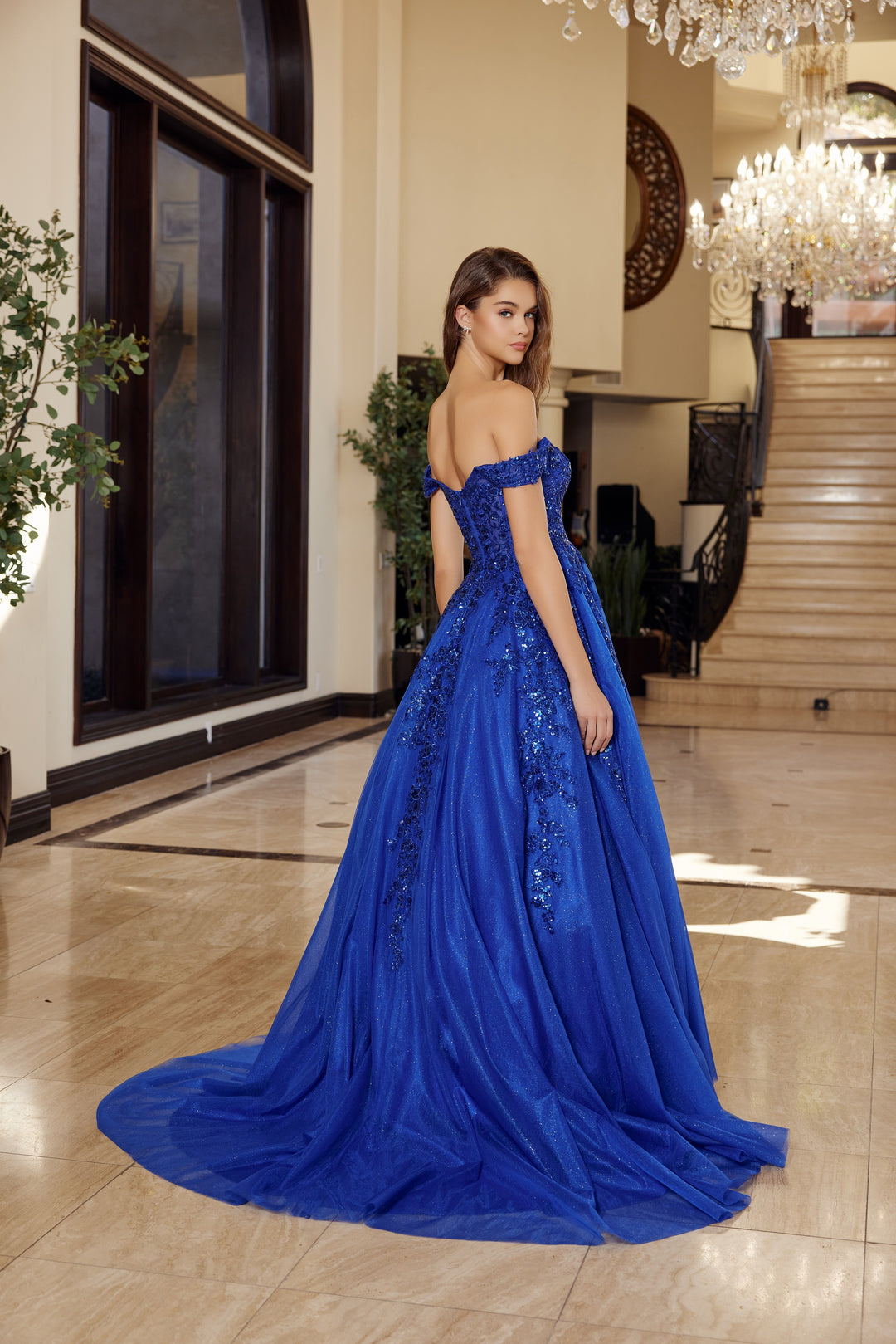 Nox Anabel H1881 prom dress with plunging v neckline and court train