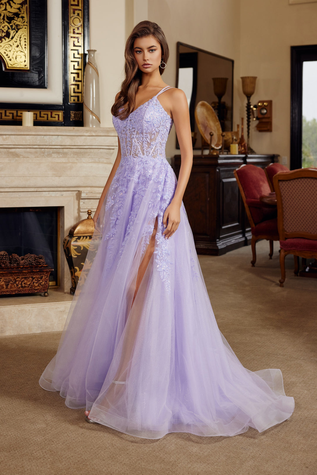 Nox Anabel H1882 fit and flare long prom dress with v neckline