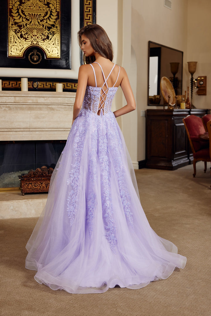 Nox Anabel H1882 fit and flare long prom dress with v neckline