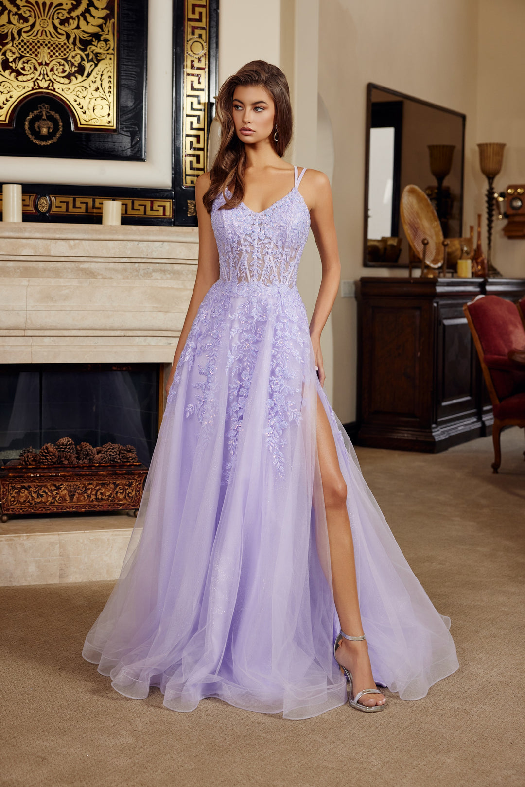 Nox Anabel H1882 fit and flare long prom dress with v neckline