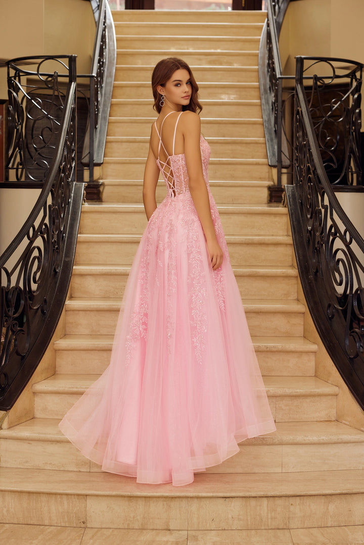 Nox Anabel H1882 fit and flare long prom dress with v neckline
