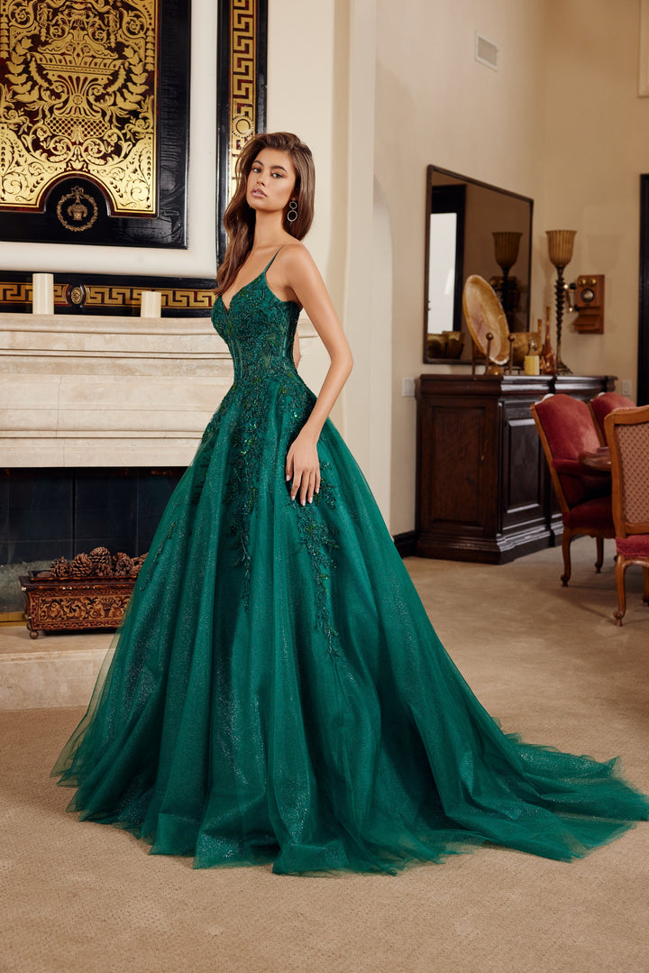 Nox Anabel H1883 fit and flare prom dress with plunging v neckline