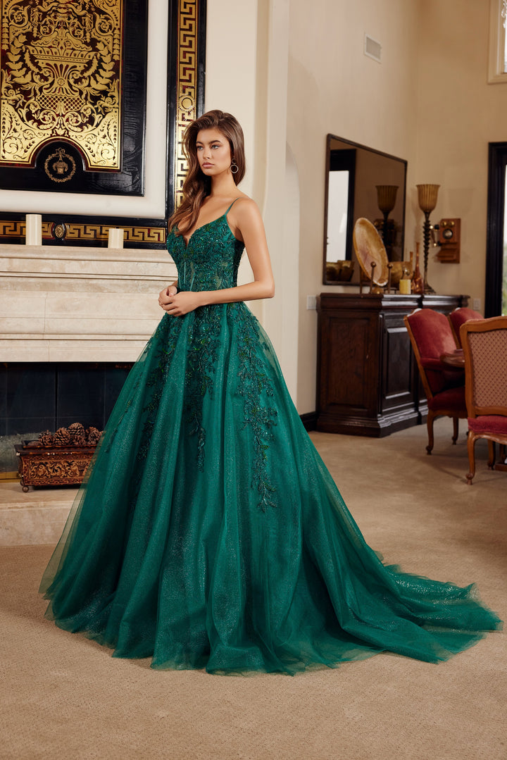 Nox Anabel H1883 fit and flare prom dress with plunging v neckline