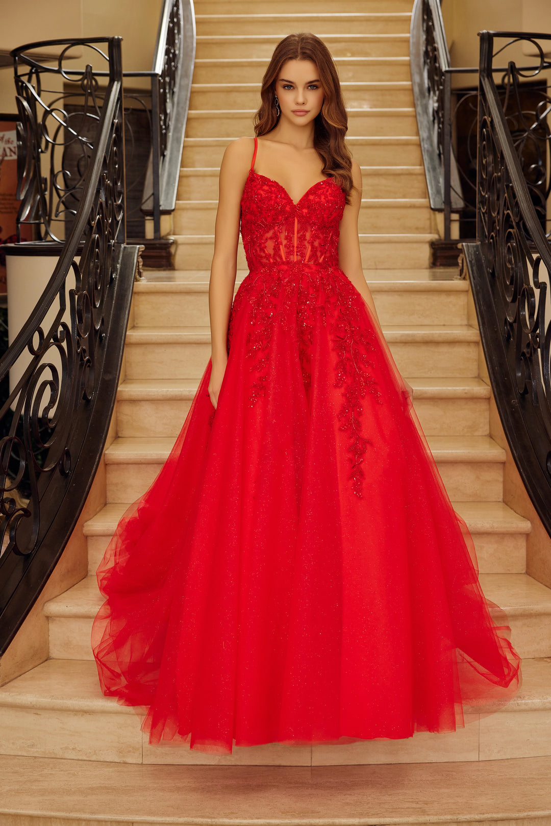 fitted lace wedding dress Nox Anabel H1883 fit and flare prom dress with plunging v neckline – The  Gown Galleria