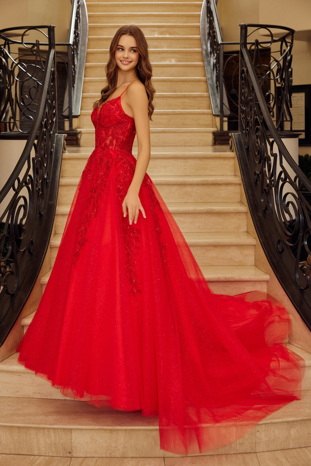 Nox Anabel H1883 fit and flare prom dress with plunging v neckline