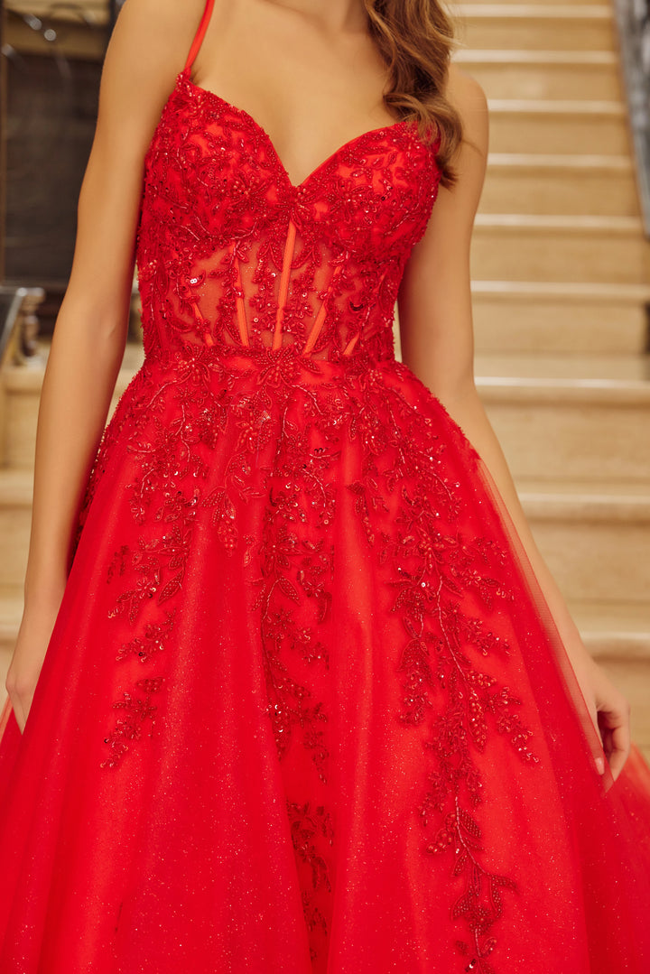 Nox Anabel H1883 fit and flare prom dress with plunging v neckline