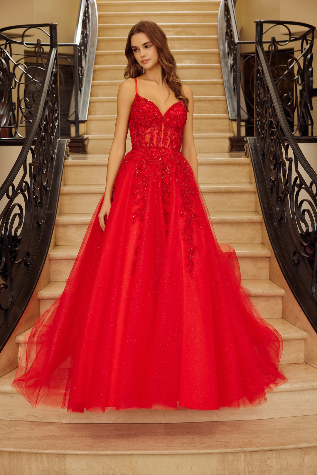 Nox Anabel H1883 fit and flare prom dress with plunging v neckline