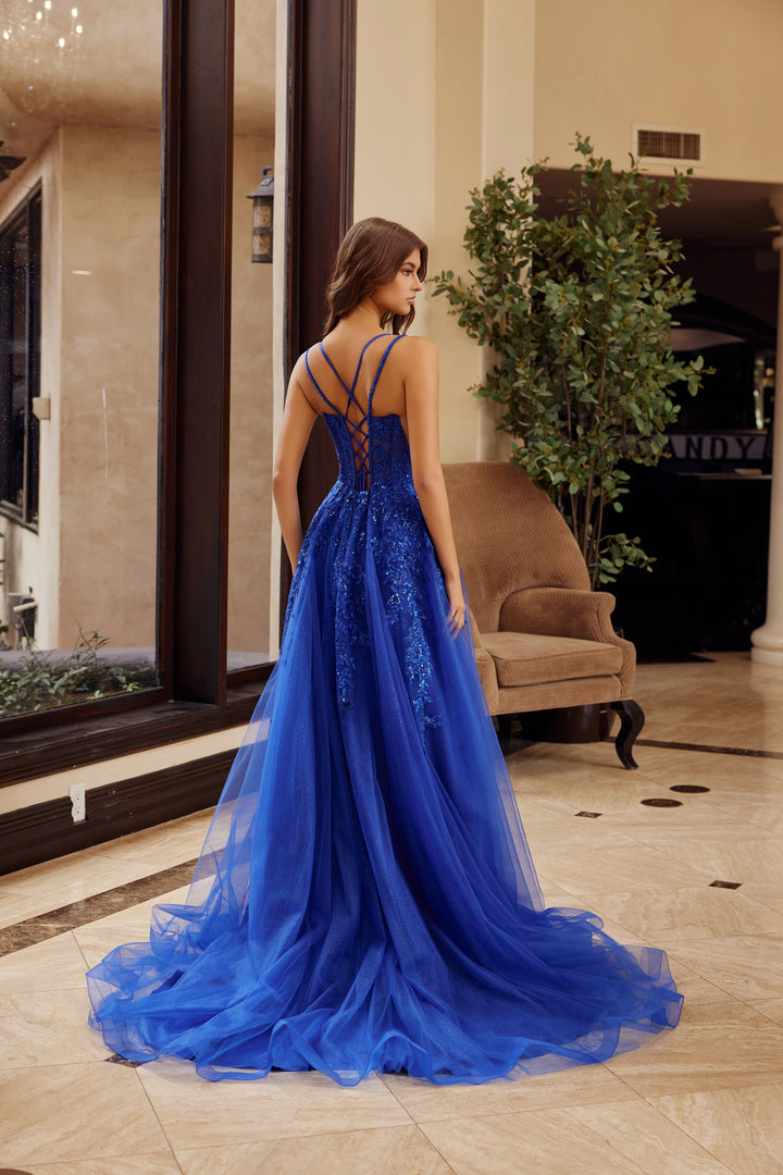 Nox Anabel H1885 fit and flare prom dress with plunging neckline