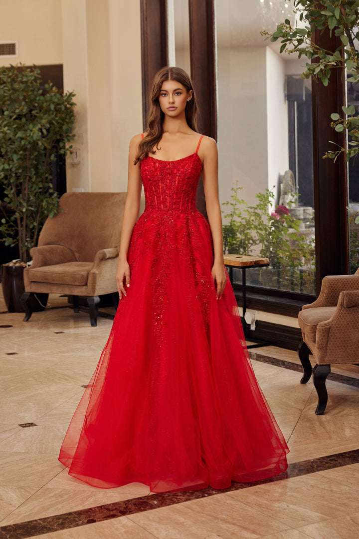 Nox Anabel H1886 fit and flare prom dress with scoop neckline