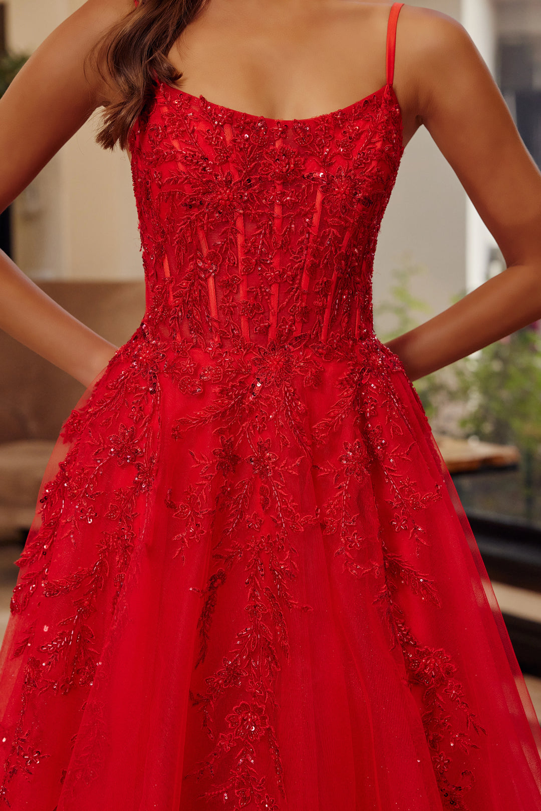 Nox Anabel H1886 fit and flare prom dress with scoop neckline