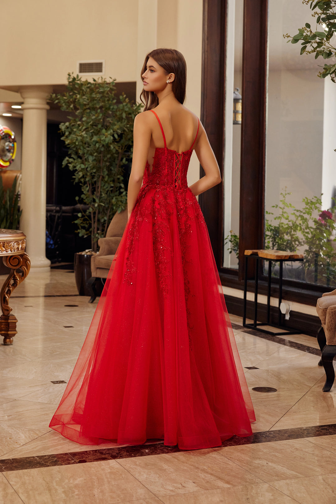 Nox Anabel H1886 fit and flare prom dress with scoop neckline