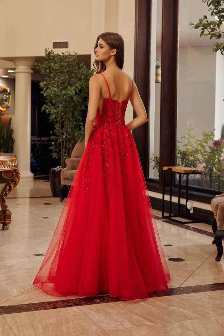 Nox Anabel H1886 fit and flare prom dress with scoop neckline