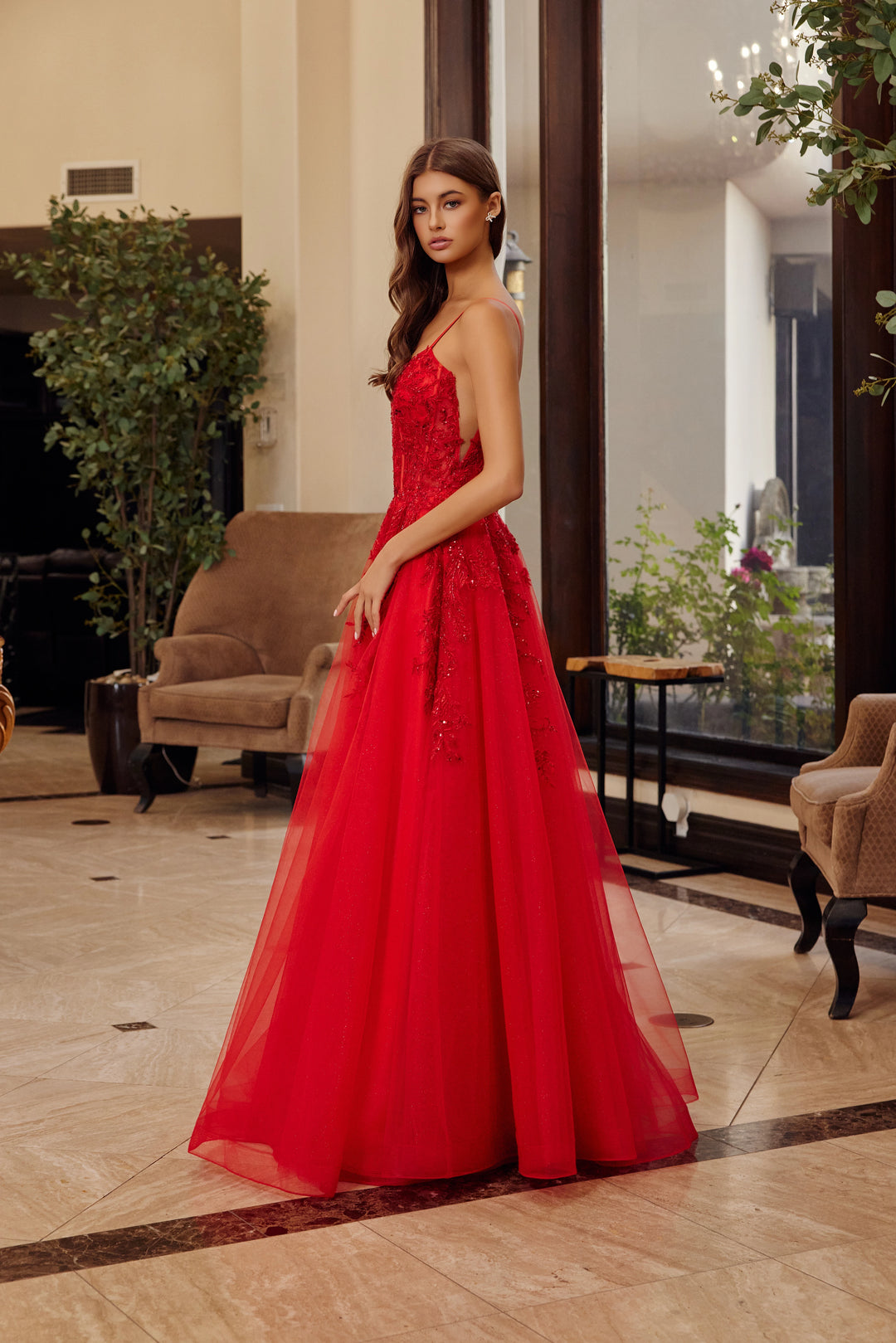 Nox Anabel H1886 fit and flare prom dress with scoop neckline