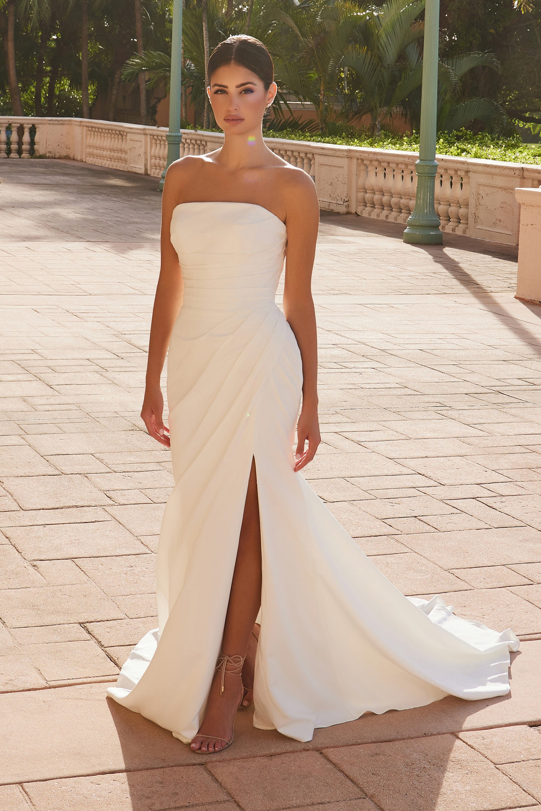 NOX ANABEL JW1031 Strapless Straight Top Pleated Waistline Lace-Up Back Wedding Dress White / 4 NOX ANABEL JW1031 Strapless Straight Top Pleated Waistline Lace-Up Back Wedding Dress White / 4