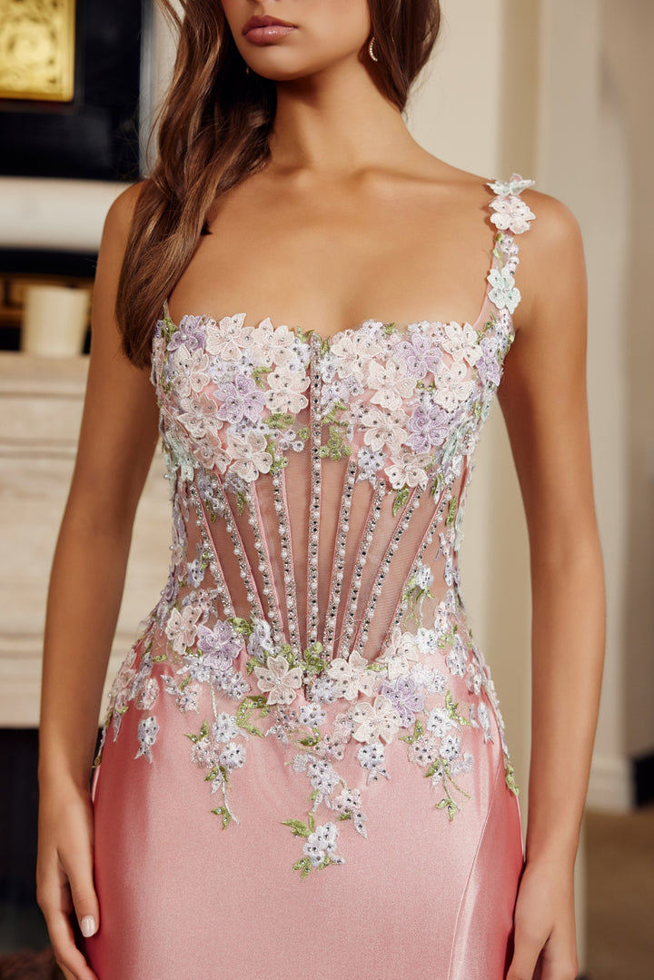 Nox Anabel M1755 prom dress with sequin flower design and high slit
