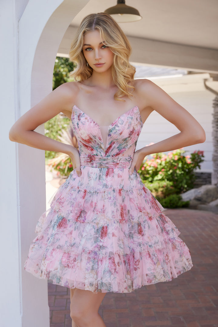 Nox Anabel M992 Short Floral Homecoming Dress With Ruffled Tiers