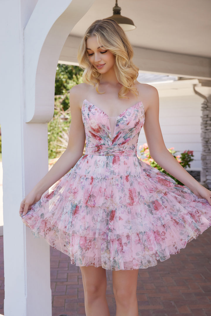 Nox Anabel M992 Short Floral Homecoming Dress With Ruffled Tiers