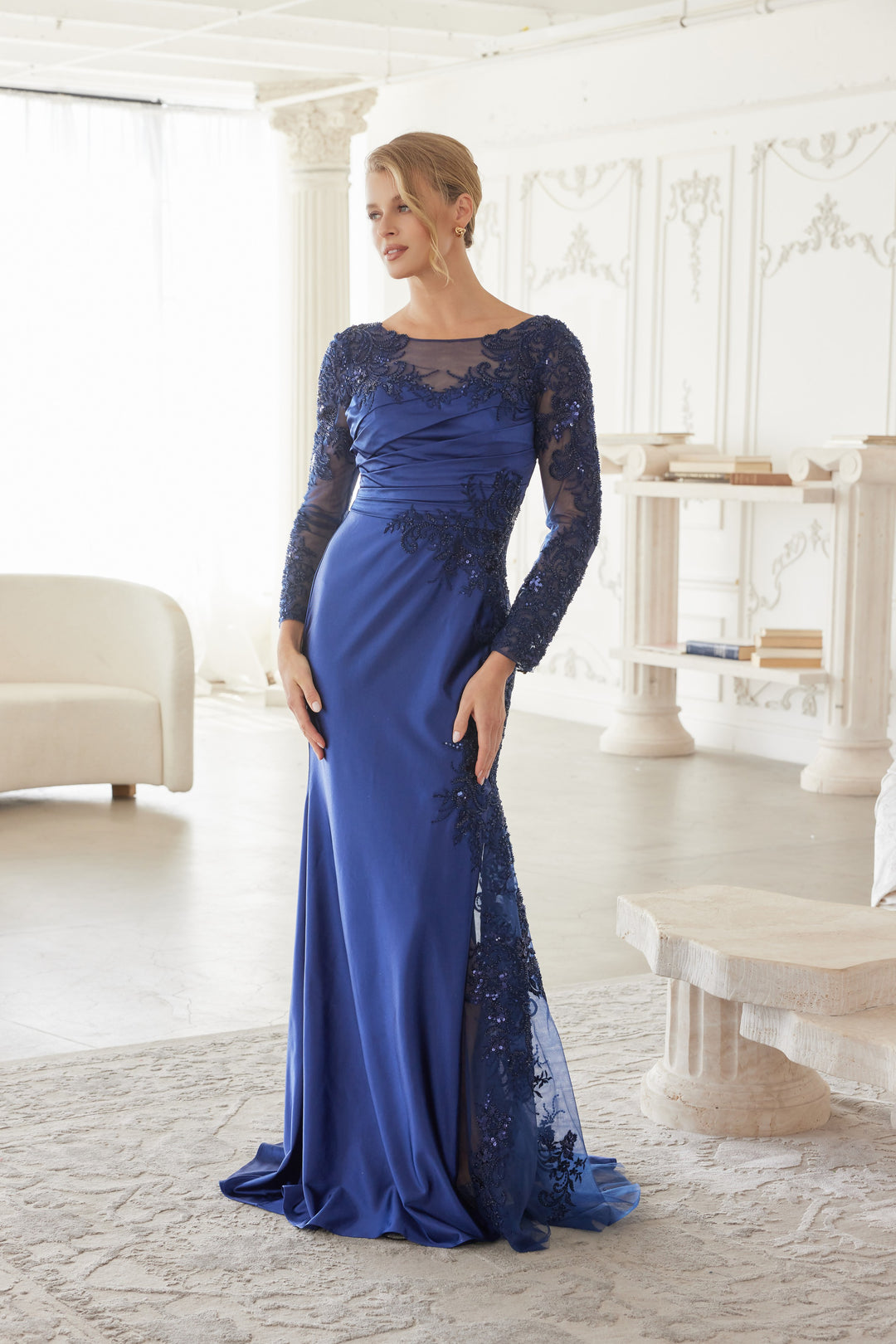 NOX ANABEL ME123 Satin Mother Of The Bride Dress With Long Sleeves