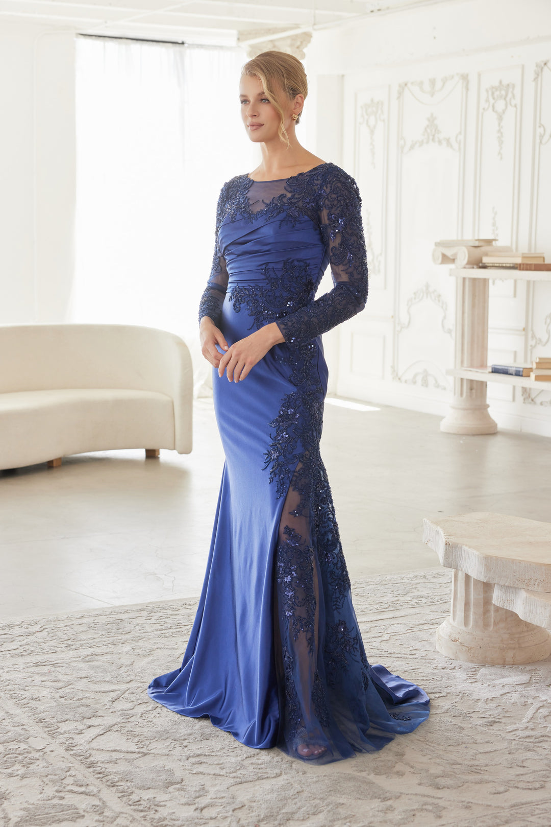 NOX ANABEL ME123 Satin Mother Of The Bride Dress With Long Sleeves