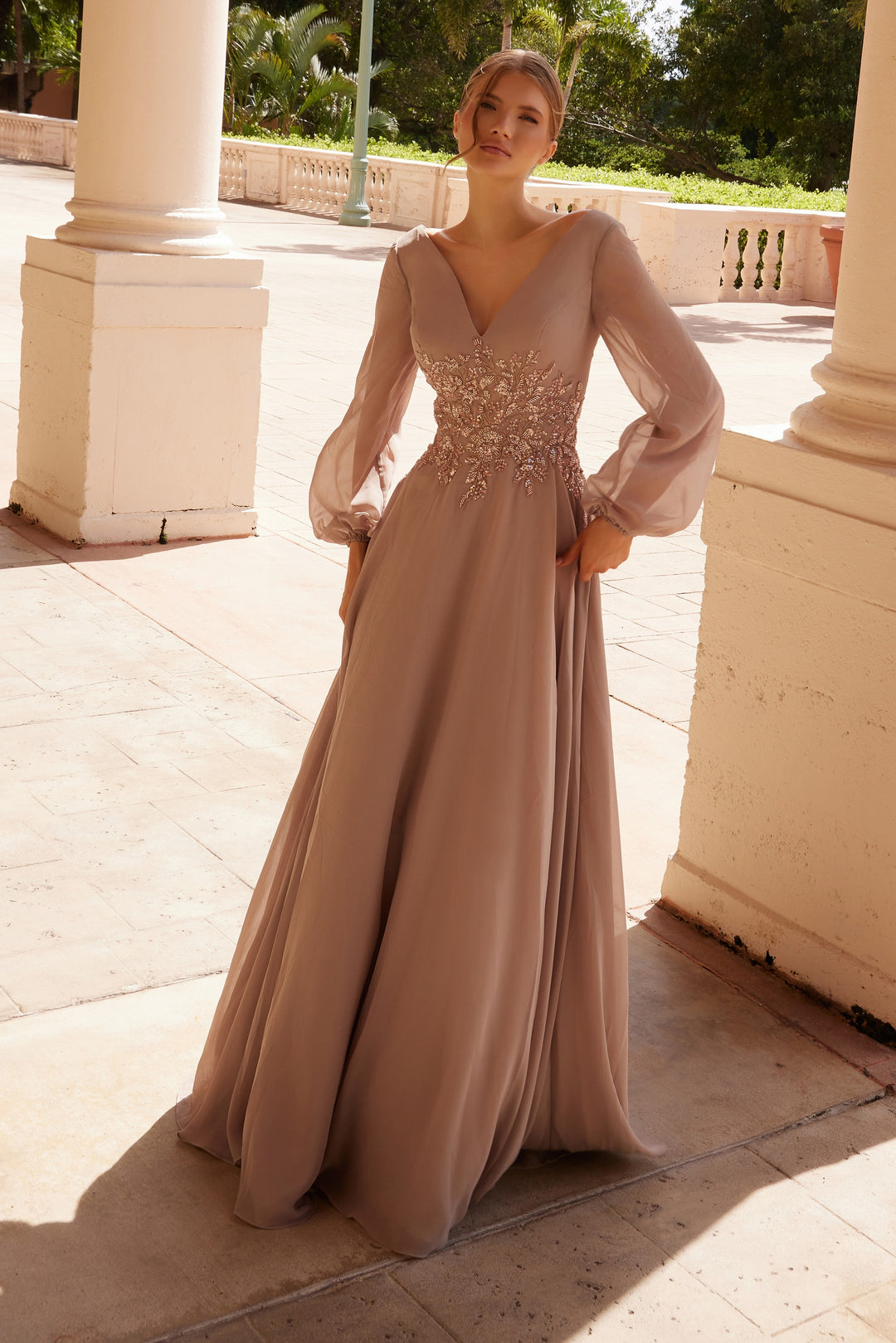 Nox Anabel ME128 Flowing Chiffon Gown with Long Sleeves Cappuccino / 18W
