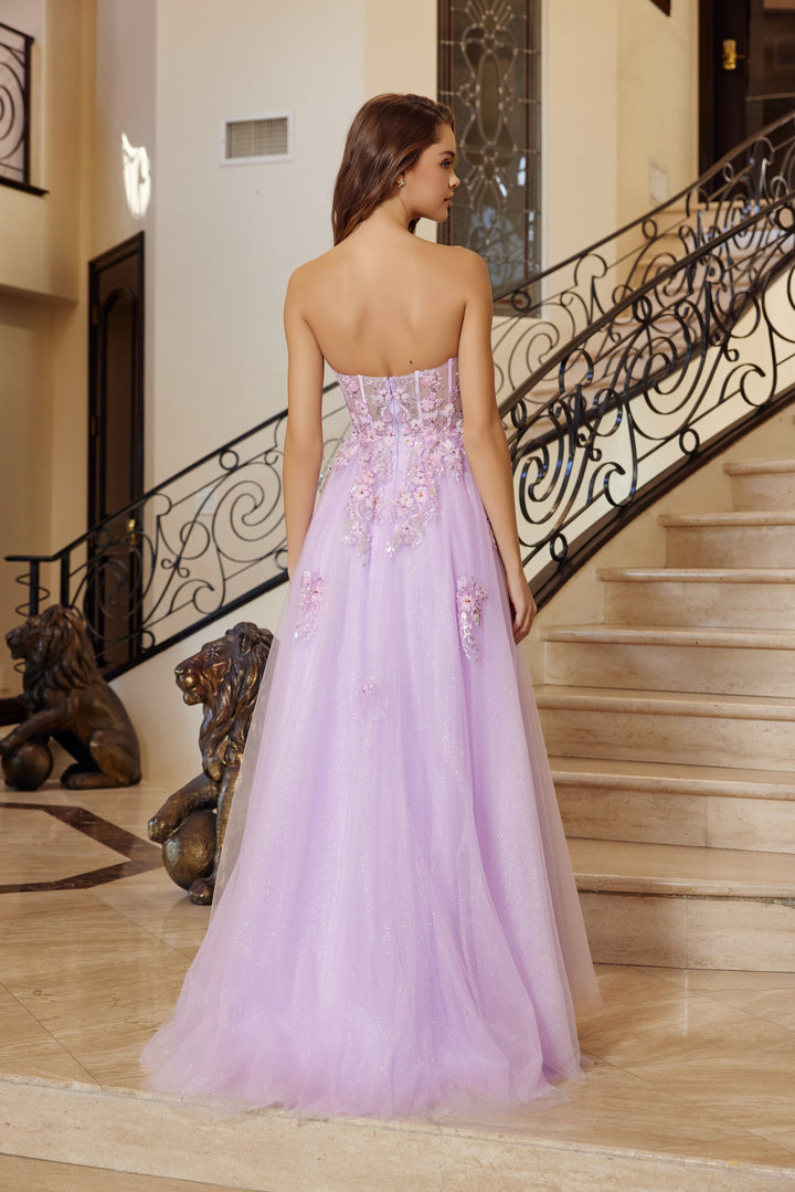 Nox Anabel Q1773 fit and flare tulle prom dress with plunging neckline