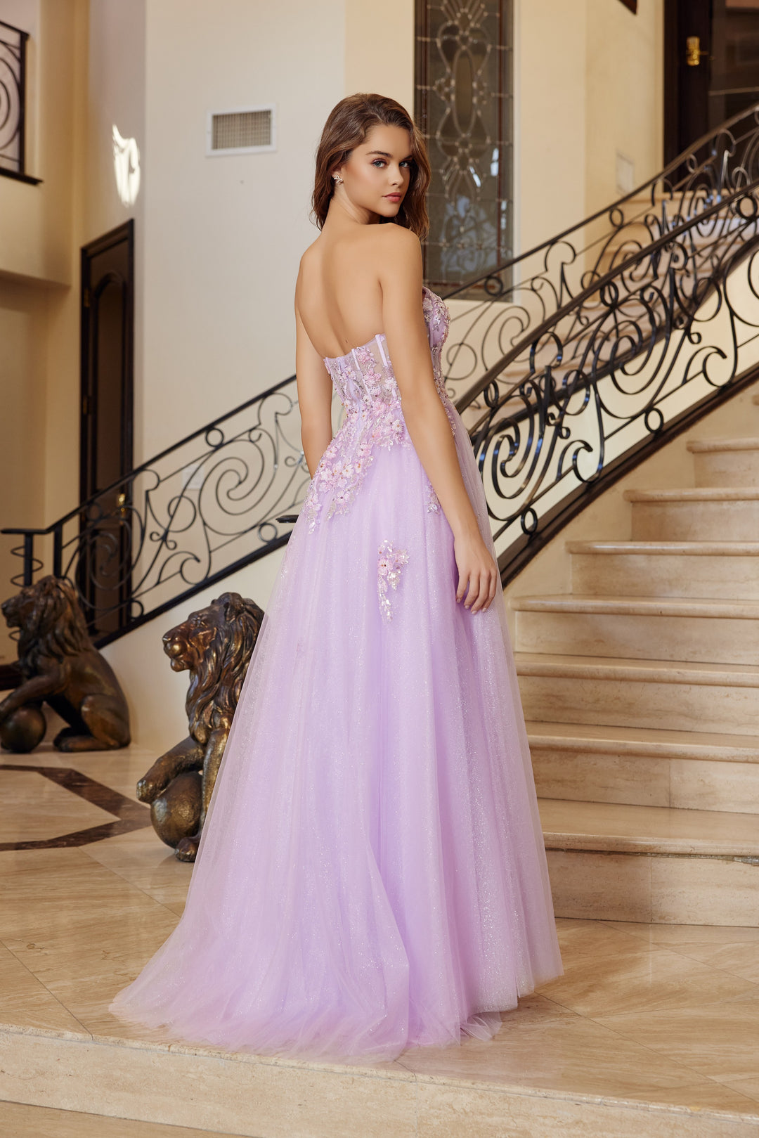 Nox Anabel Q1773 fit and flare tulle prom dress with plunging neckline