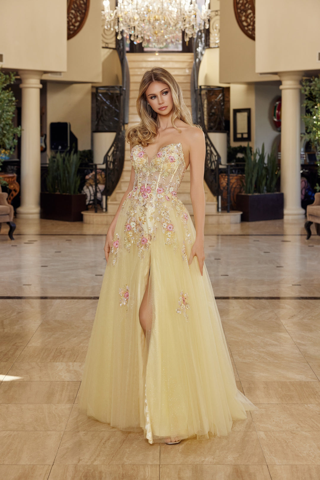 Nox Anabel Q1773 fit and flare tulle prom dress with plunging neckline