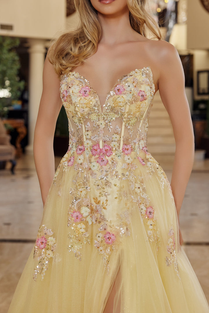 Nox Anabel Q1773 fit and flare tulle prom dress with plunging neckline