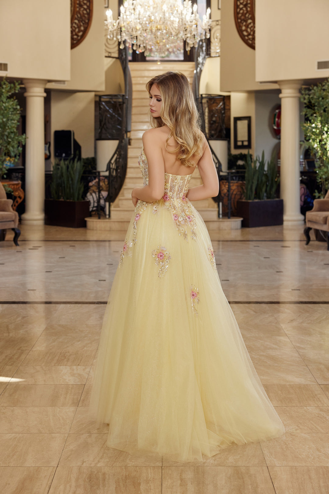 Nox Anabel Q1773 fit and flare tulle prom dress with plunging neckline