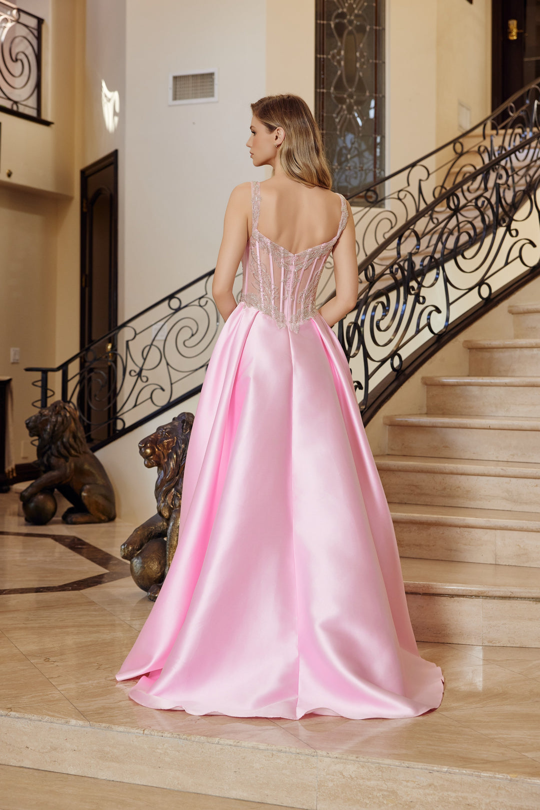 Nox Anabel Q1775 fit and flare satin prom dress with high slit