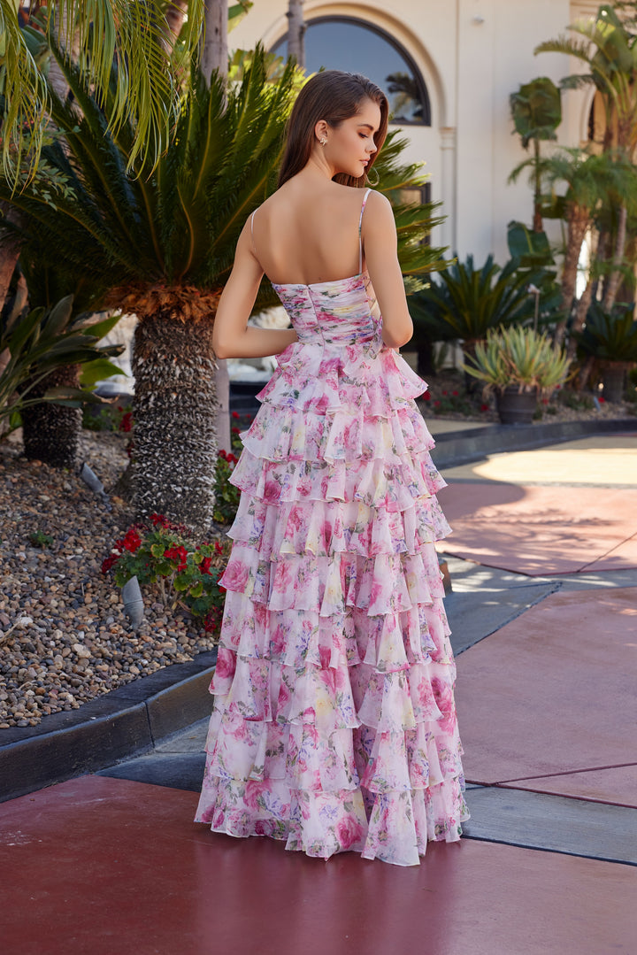 Nox Anabel Q1777 floral print a-line prom dress with strapless neckline