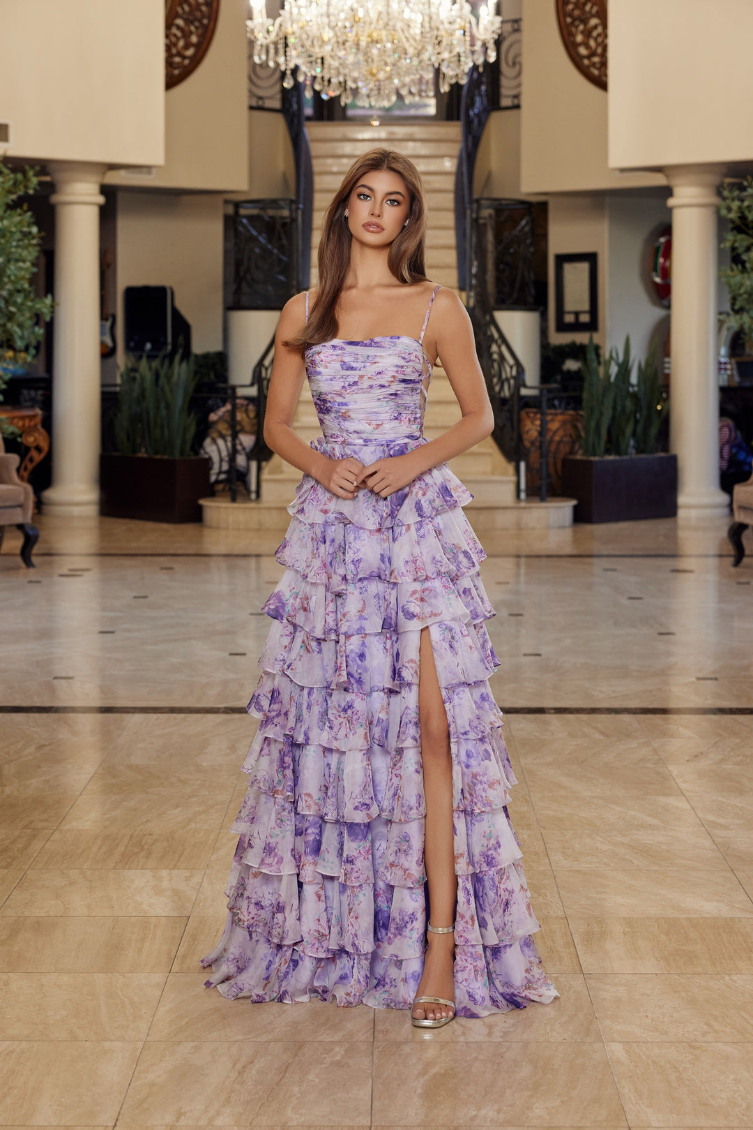 Nox Anabel Q1777 floral print a-line prom dress with strapless neckline