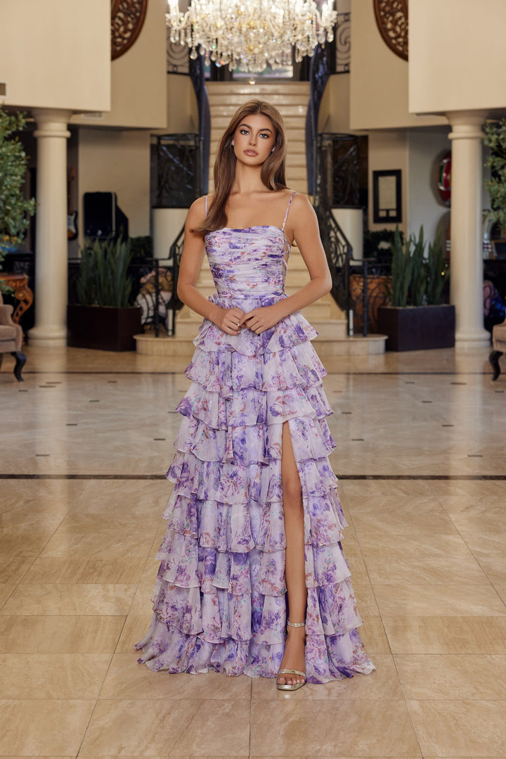 Nox Anabel Q1777 floral print a-line prom dress with strapless neckline