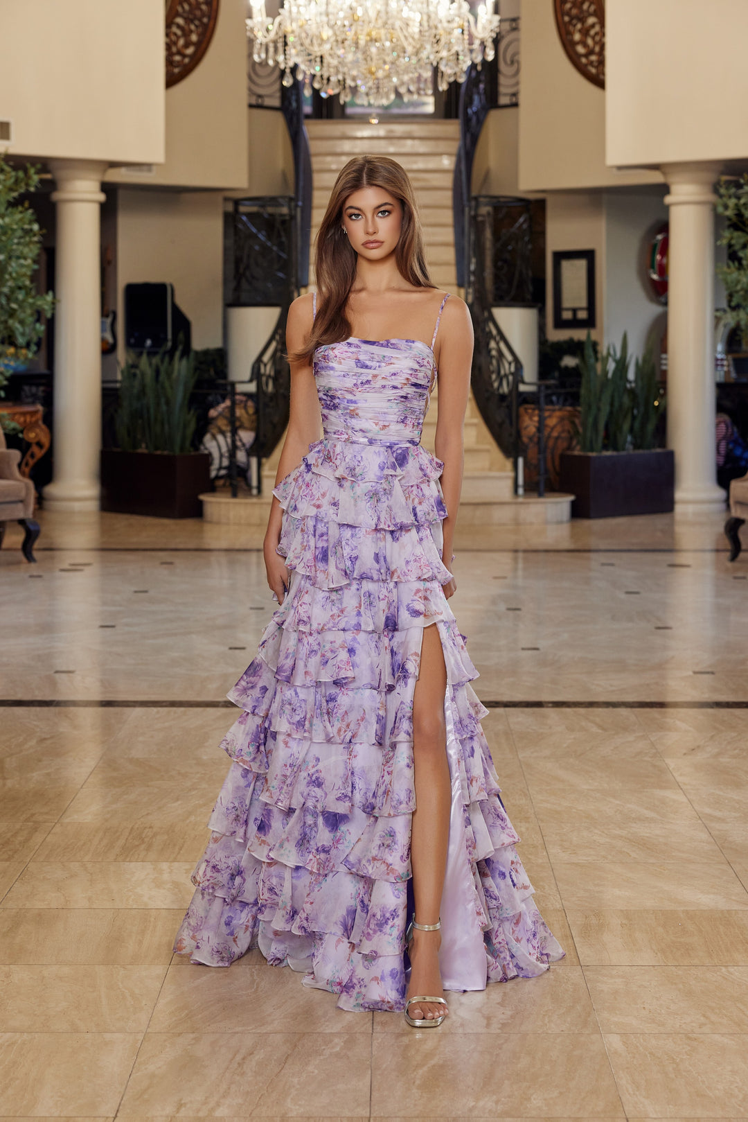 Nox Anabel Q1777 floral print a-line prom dress with strapless neckline