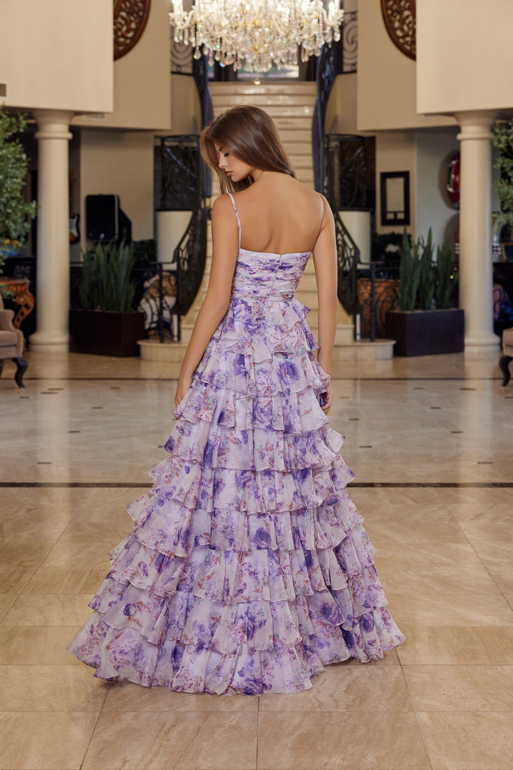 Nox Anabel Q1777 floral print a-line prom dress with strapless neckline