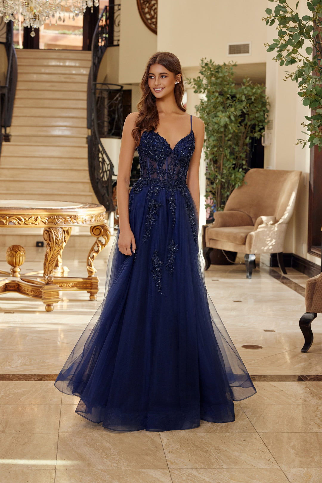Nox Anabel Q1778 fit and flare tulle prom dress with v neckline