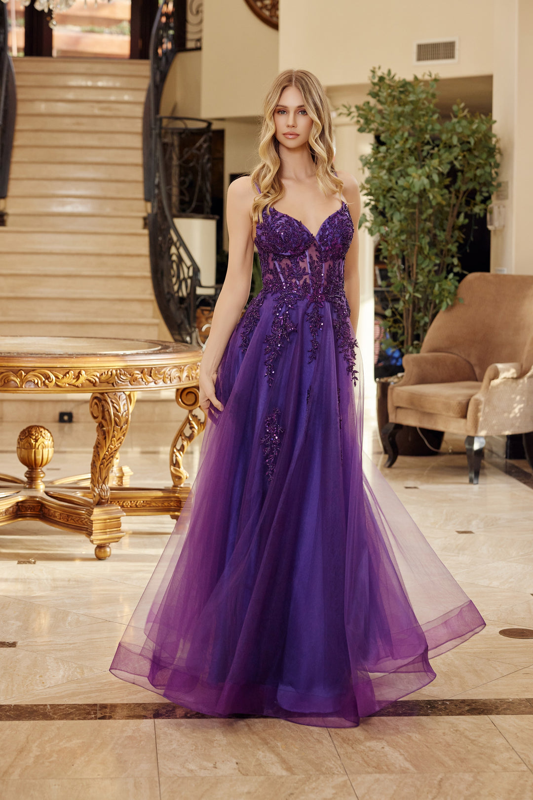 Nox Anabel Q1778 fit and flare tulle prom dress with v neckline