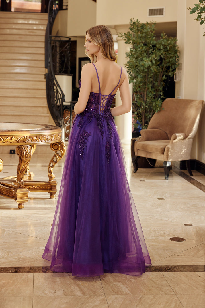 Nox Anabel Q1778 fit and flare tulle prom dress with v neckline