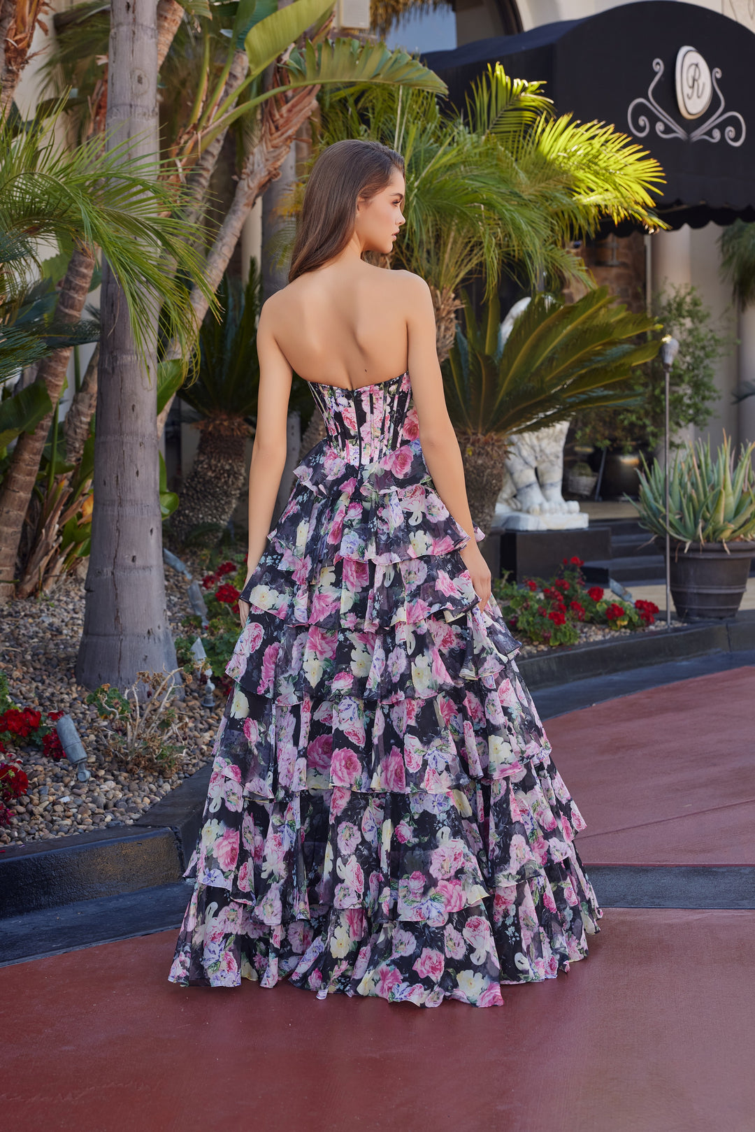 Nox Anabel Q1779 floral print long a-line prom dress strapless sweetheart