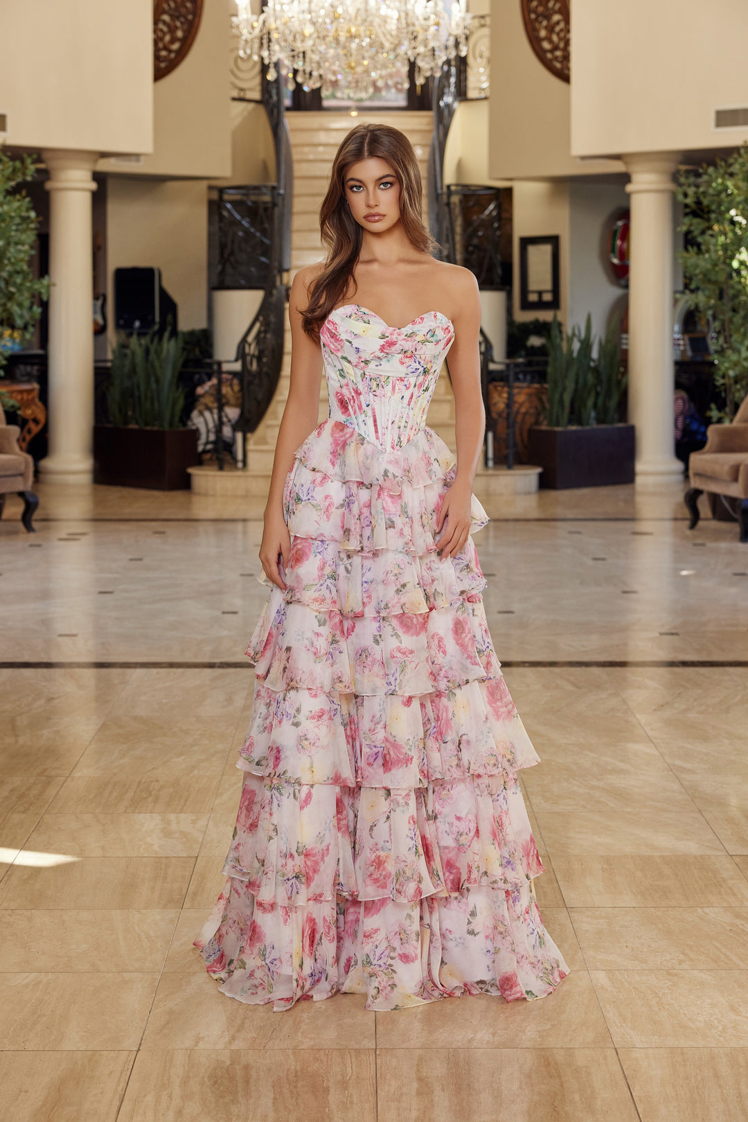 Nox Anabel Q1779 floral print long a-line prom dress strapless sweetheart