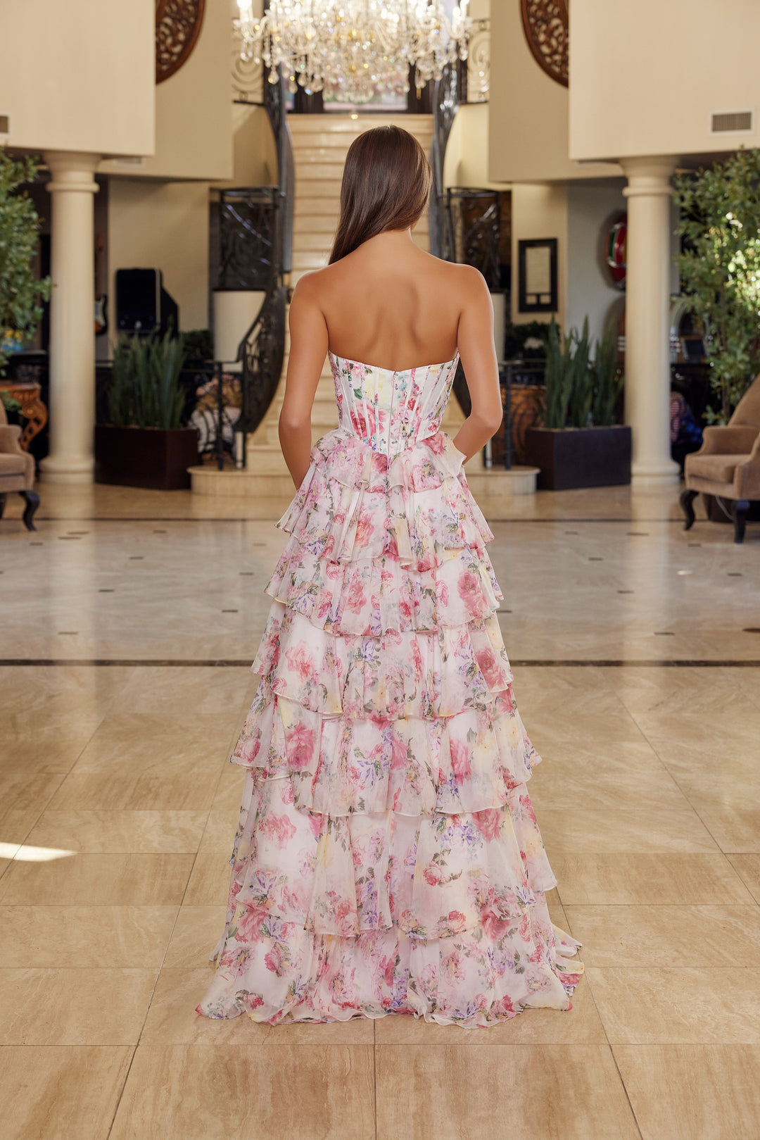 Nox Anabel Q1779 floral print long a-line prom dress strapless sweetheart