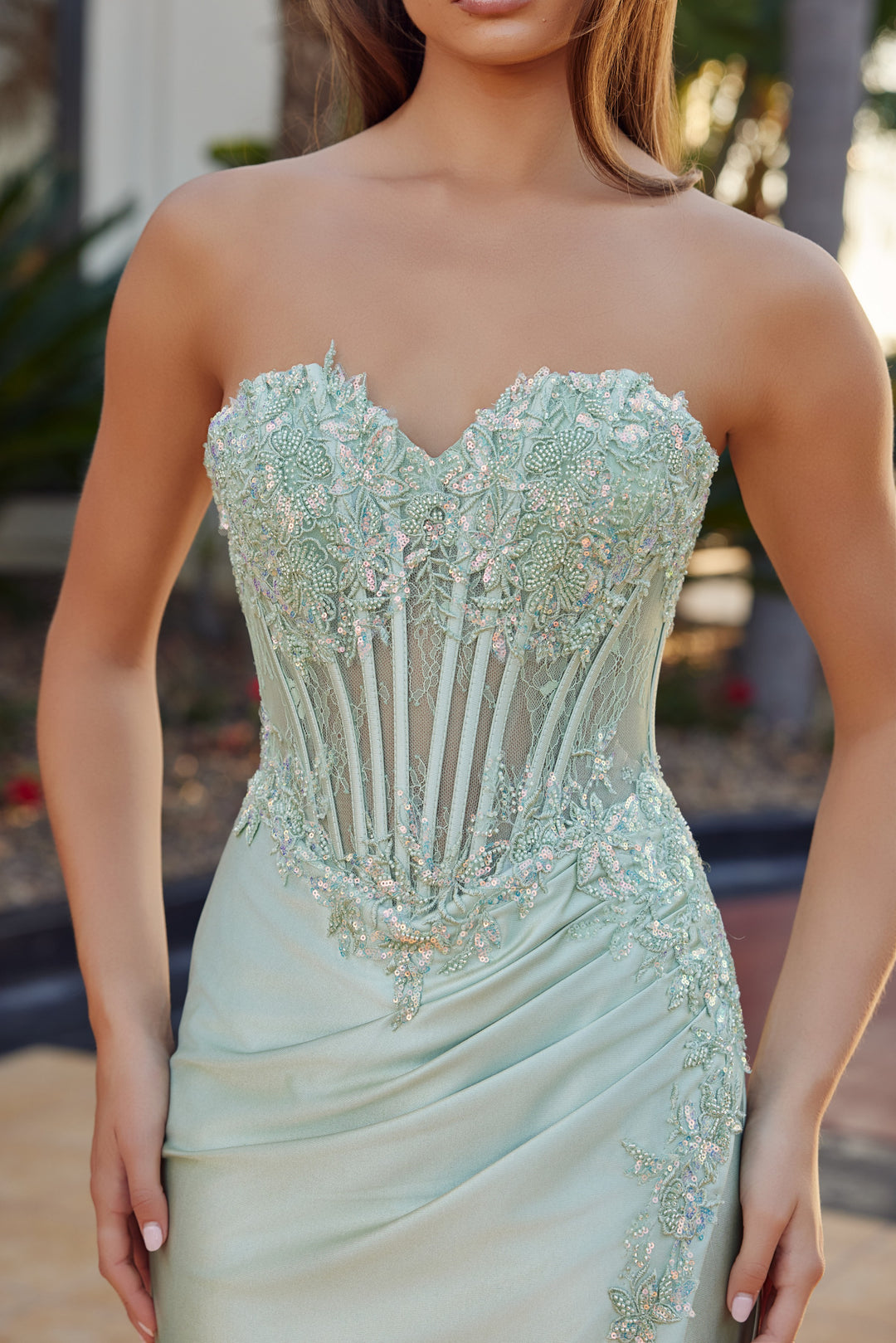 Nox Anabel R1811 strapless sweetheart prom dress with high slit
