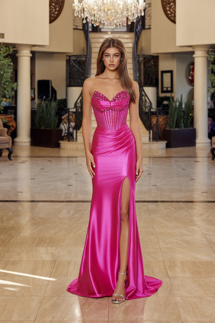 Nox Anabel R1812 shiny satin prom dress with high slit