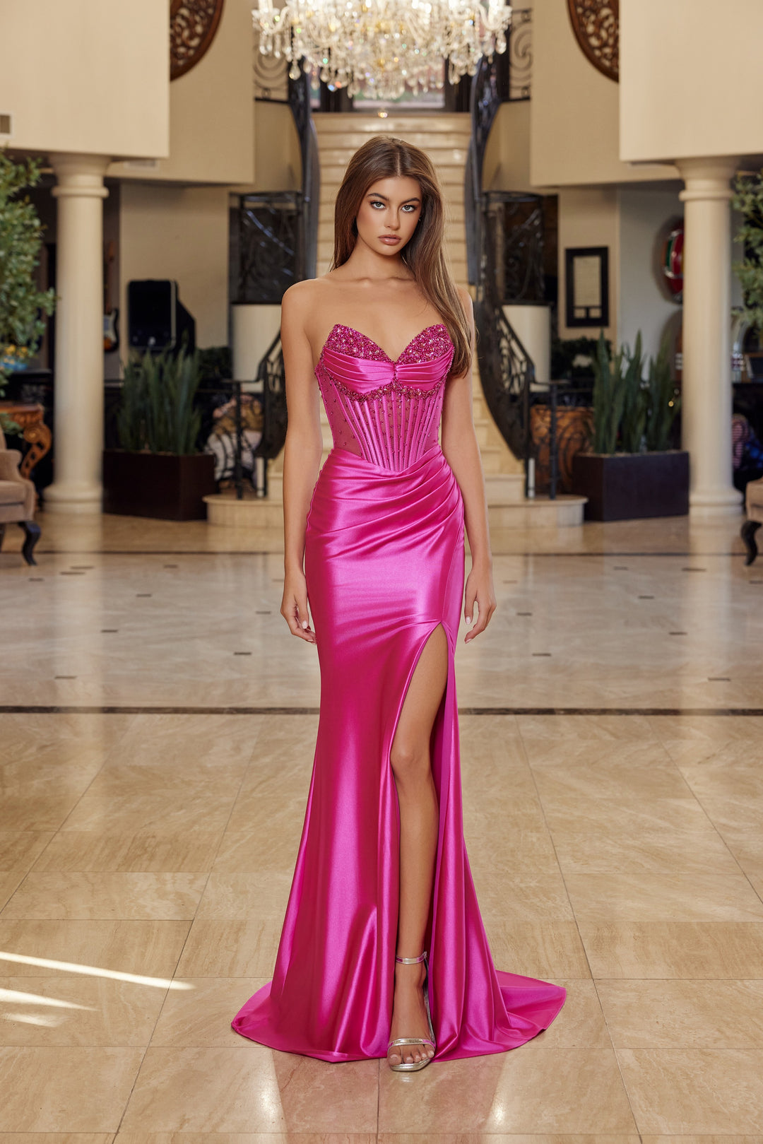 Nox Anabel R1812 shiny satin prom dress with high slit