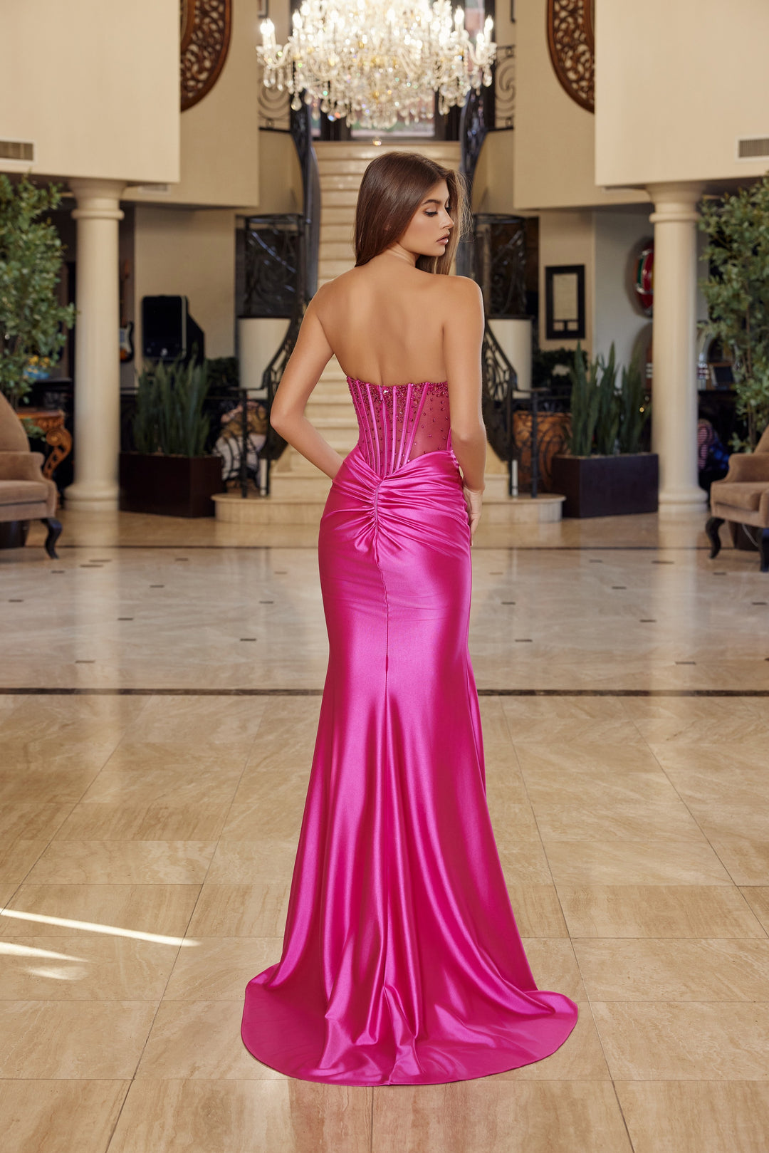 Nox Anabel R1812 shiny satin prom dress with high slit