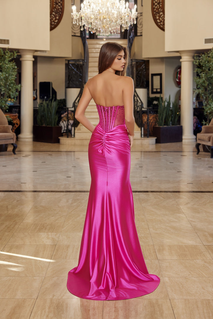 Nox Anabel R1812 shiny satin prom dress with high slit