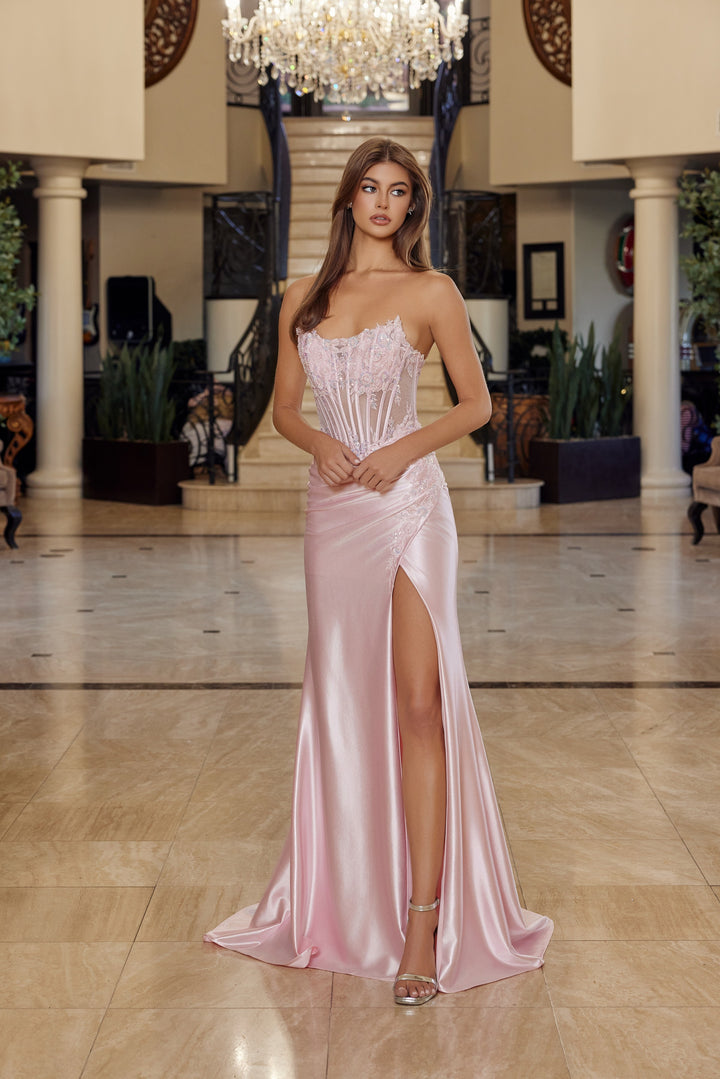 Nox Anabel R1816 strapless satin prom dress with high slit