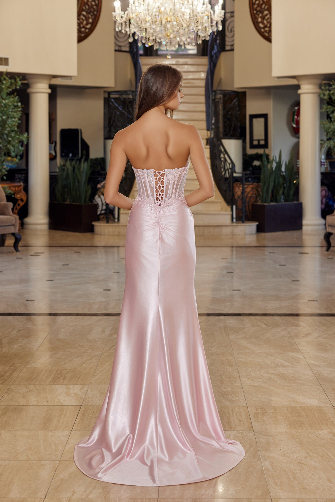 Nox Anabel R1816 strapless satin prom dress with high slit