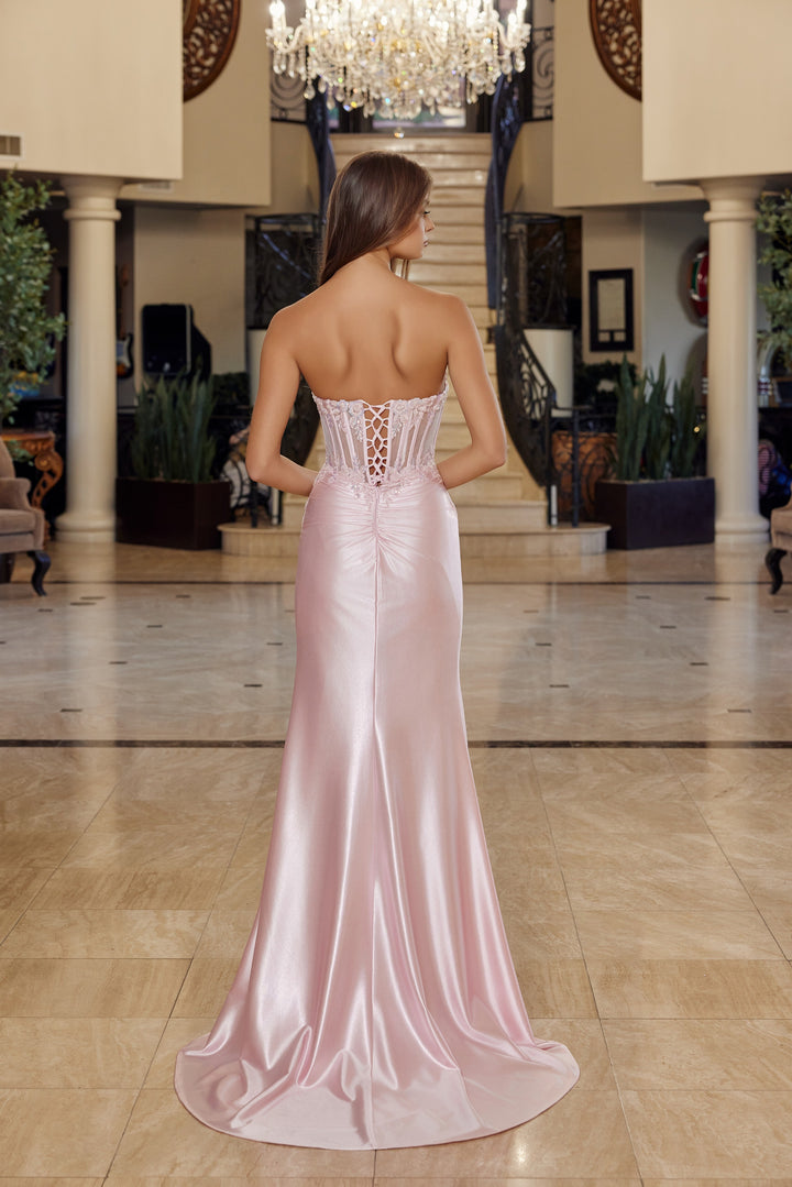 Nox Anabel R1816 strapless satin prom dress with high slit